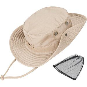 Unisex Cream Wide Brim Boonie Uv Protection Chin Strap Adjustable Cowboy Sun Hat